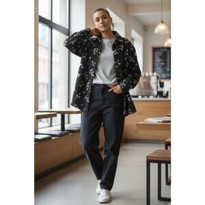 Cindy Bai Navy Blue With Foliage Leaves Stems Fleece Shacket‎ Buttons Women's 2X